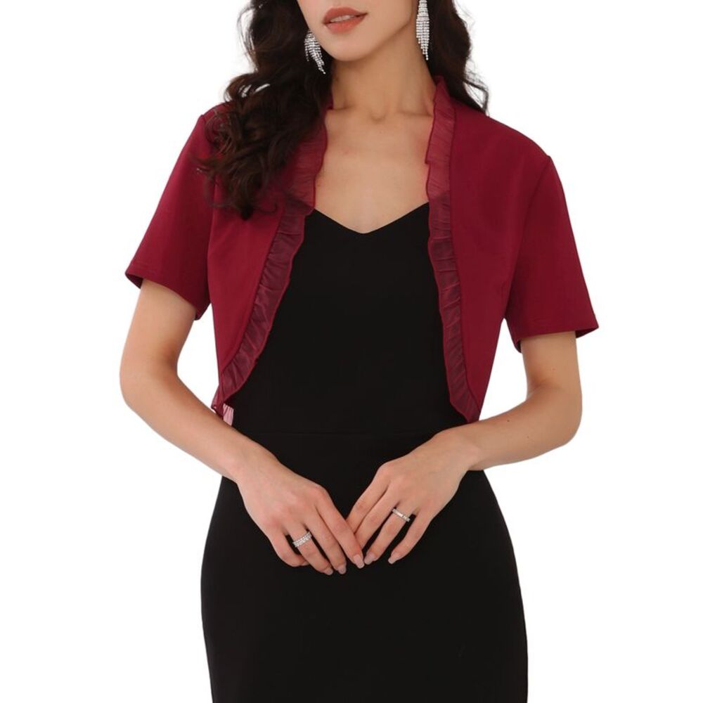 Ruffle Bolero Shrug Short Sleeve Open Front Formal Cropped Cardigan Dark Red